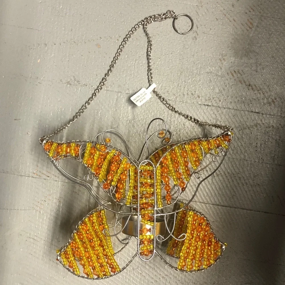 Vintage Pier 1 Orange & Yellow Beaded Butterfly Tea Light Hanging Garden Lantern